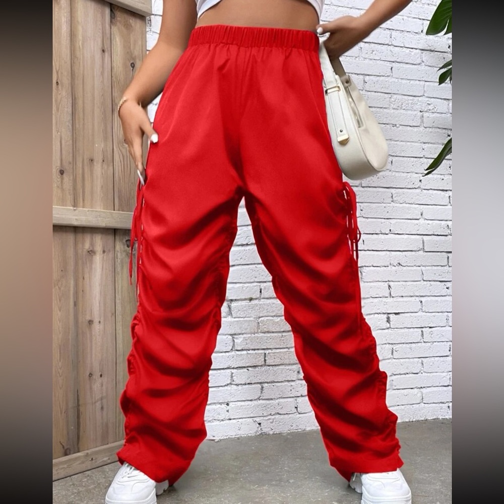 SHEIN Red Orange Coolane Plus Drawstring Side Ruched Stacked Straight Leg Pants